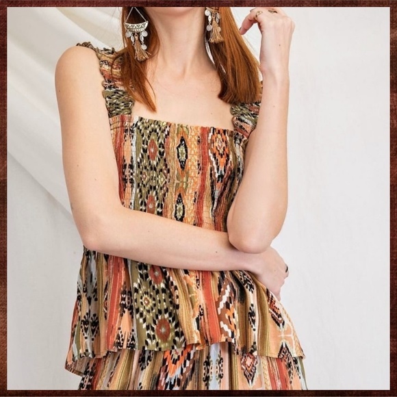 EASEL Smocked Fitted Stretchy Sleeveless Bodice W/Pleated Peplum Aztec Print Top - Picture 3 of 16